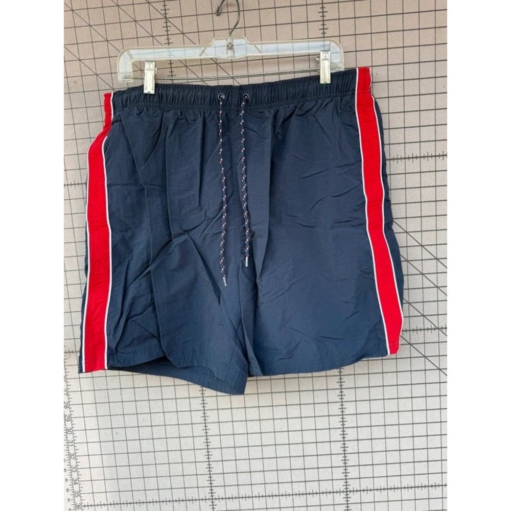 C&B Mens Swim Trunks Navy Blue Red Side Stripe Large